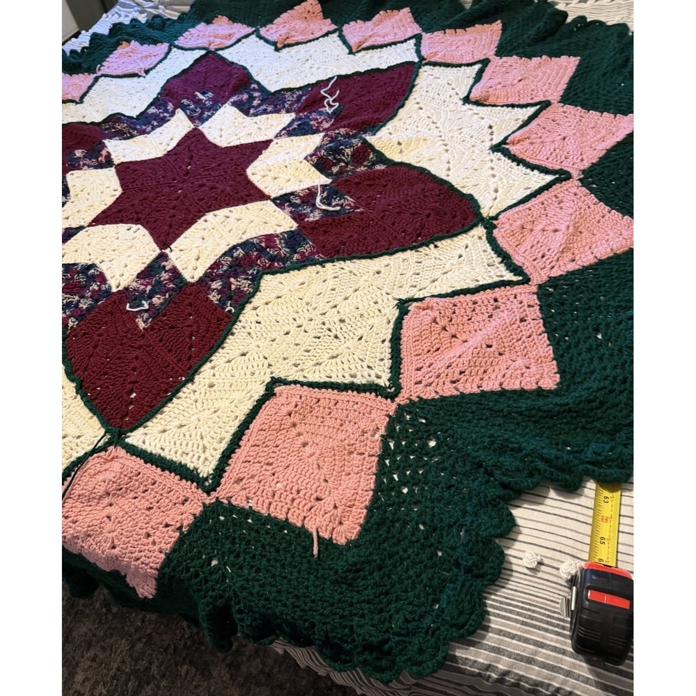 Vintage Large Crochet Prairie‎ Star Afghan Throw Multicolored 84"x84" Blanket - Picture 4 of 8